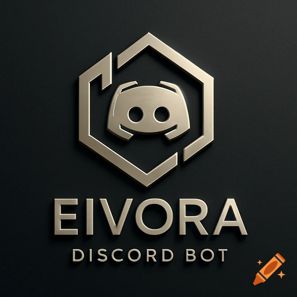 Metallic gold Discord logo within a hexagonal frame above 'EIVORA DISCORD BOT' text on a dark background.