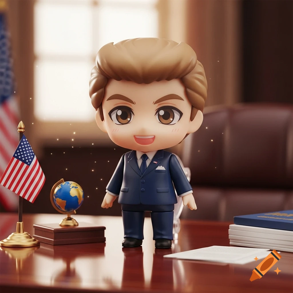 A cute Nendoroid-style figure of a man in a blue suit stands on a glossy wooden desk with a US flag and a globe.