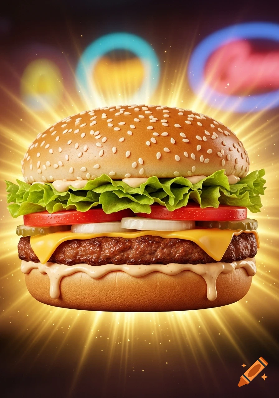 A hyperrealistic hamburger with sesame bun, lettuce, tomato, cheese, and a patty, glowing with golden light.