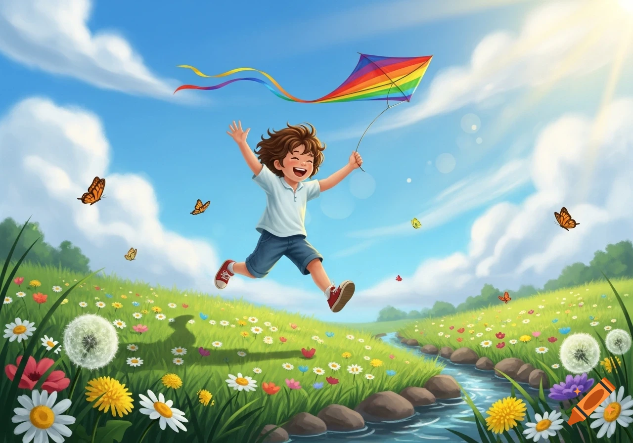 A happy child jumps through a vibrant green meadow filled with wildflowers, flying a colorful rainbow kite under a sunny blue sky with butterflies.