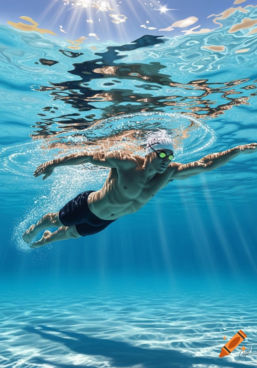 A photorealistic depiction of a male swimmer gliding underwater in clear blue water with sun rays beaming down.