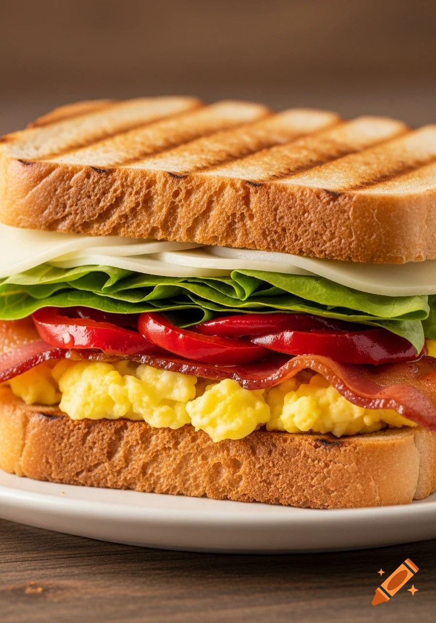Close-up of a stacked breakfast sandwich with grilled bread, lettuce, cheese, tomatoes, bacon, and scrambled eggs.