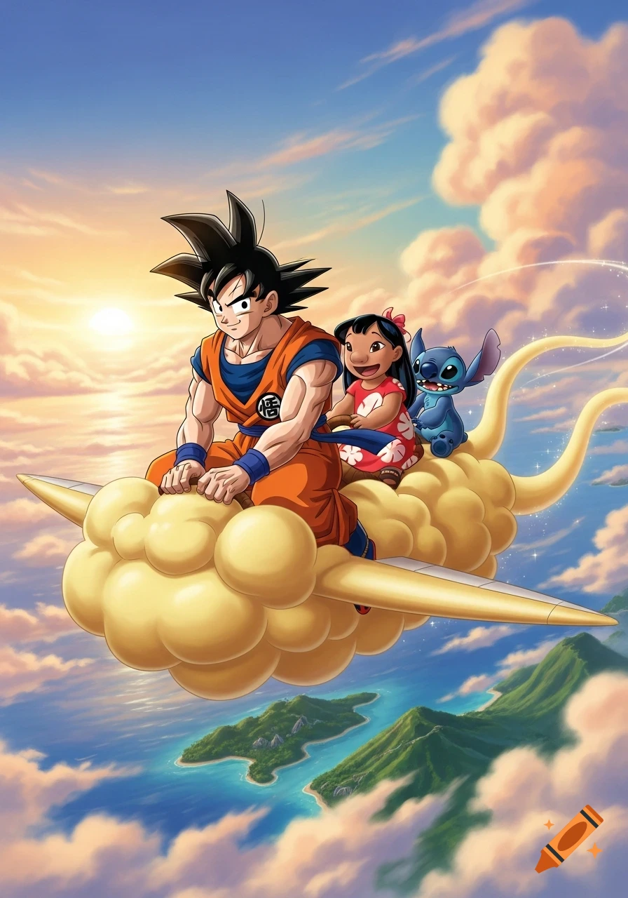Goku, Lilo, and Stitch ride the yellow Flying Nimbus cloud through a vibrant sunset sky over tropical islands.