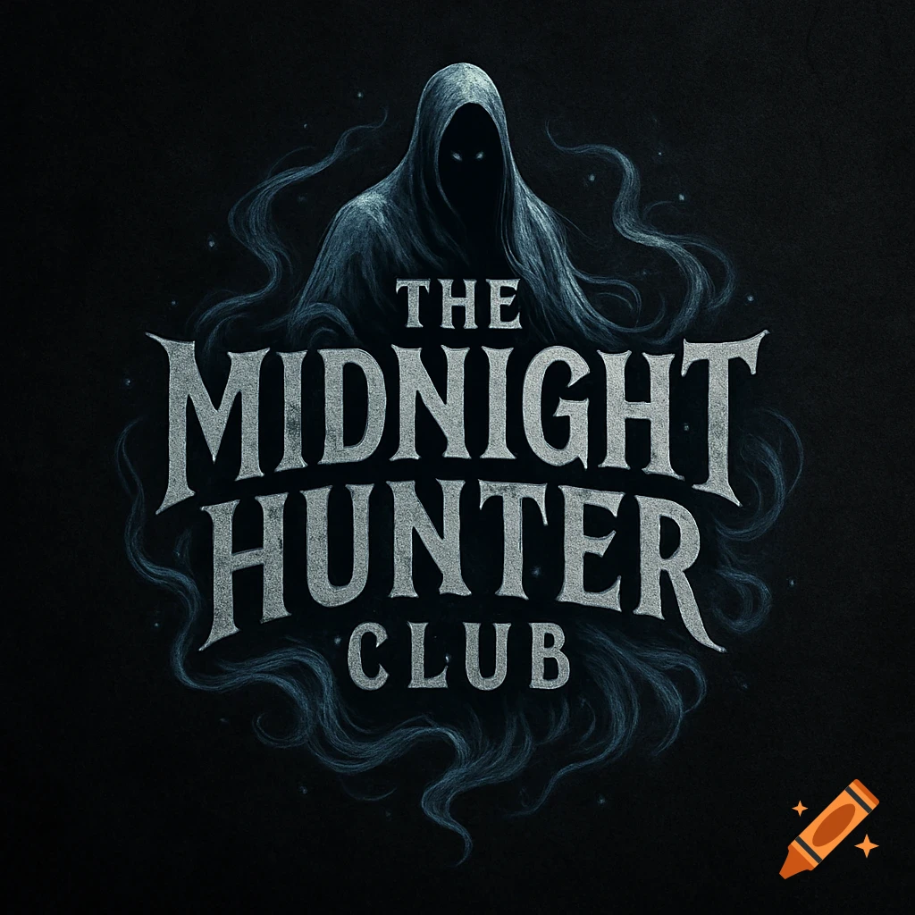 A dark logo featuring a hooded, ghostly figure with glowing eyes and wispy trails, above stylized silver text reading 'THE MIDNIGHT HUNTER CLUB' on a black background.