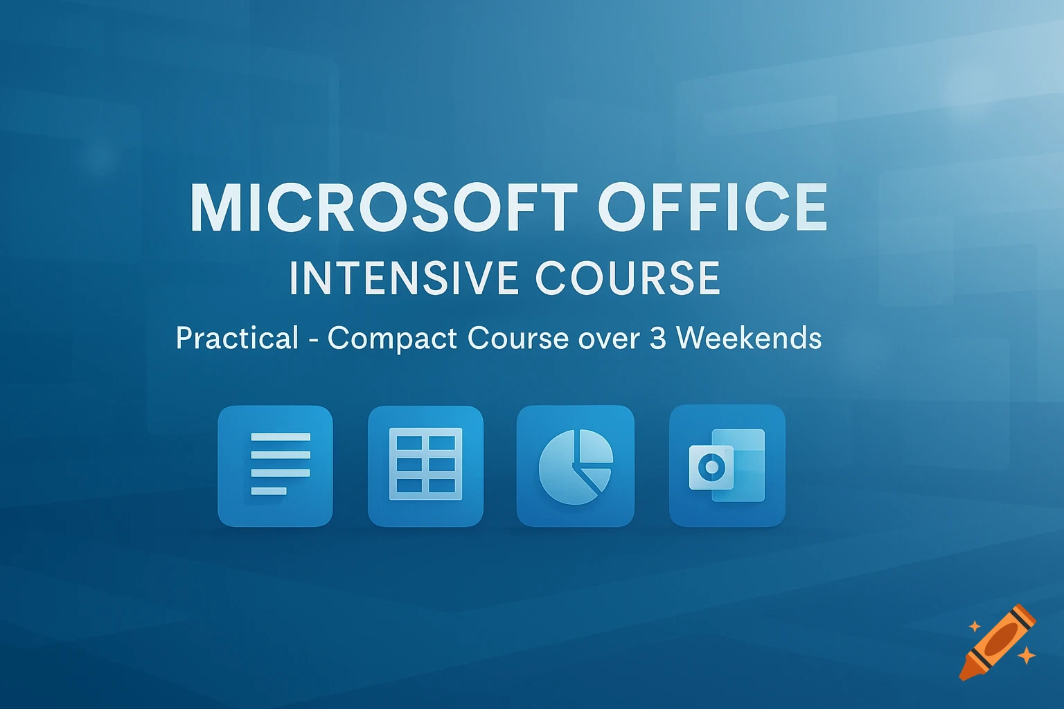 A blue banner advertises a Microsoft Office intensive course with icons for Word, Excel, PowerPoint, and Outlook in a modern, clean design.