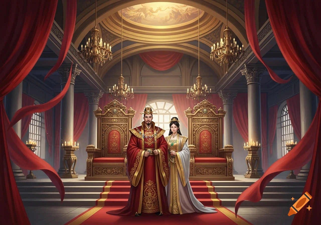 An emperor and consort in elaborate traditional robes stand on a red carpet in a grand palace throne room.