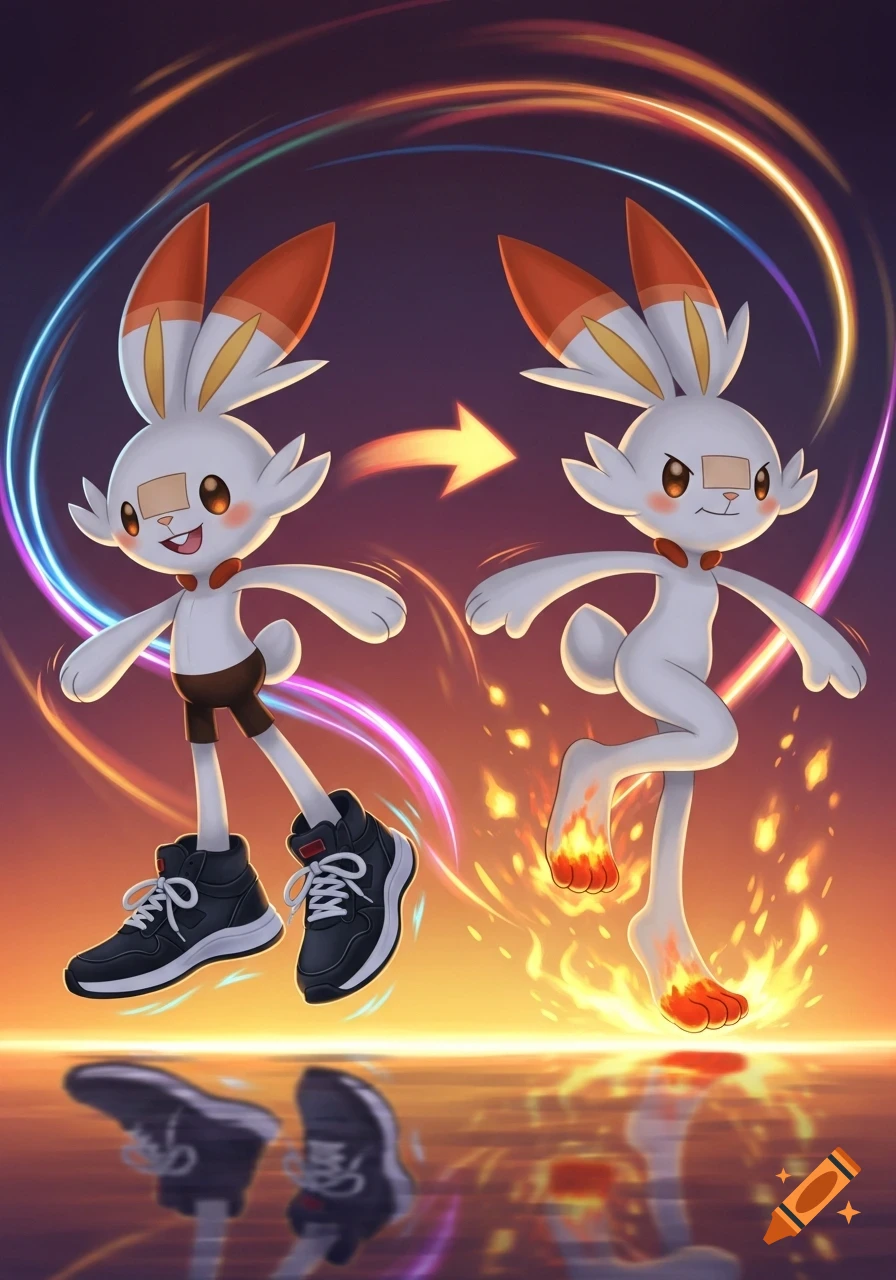 Anime art of Scorbunny transforming from wearing black sneakers to being barefoot with fiery feet, surrounded by colorful light streaks.