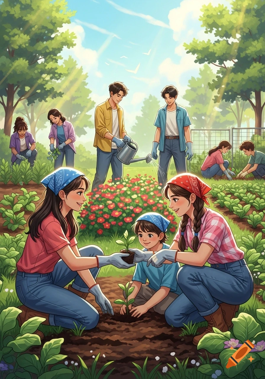 Diverse group of young people planting and watering plants in a sunny community garden, illustrated in an anime style.