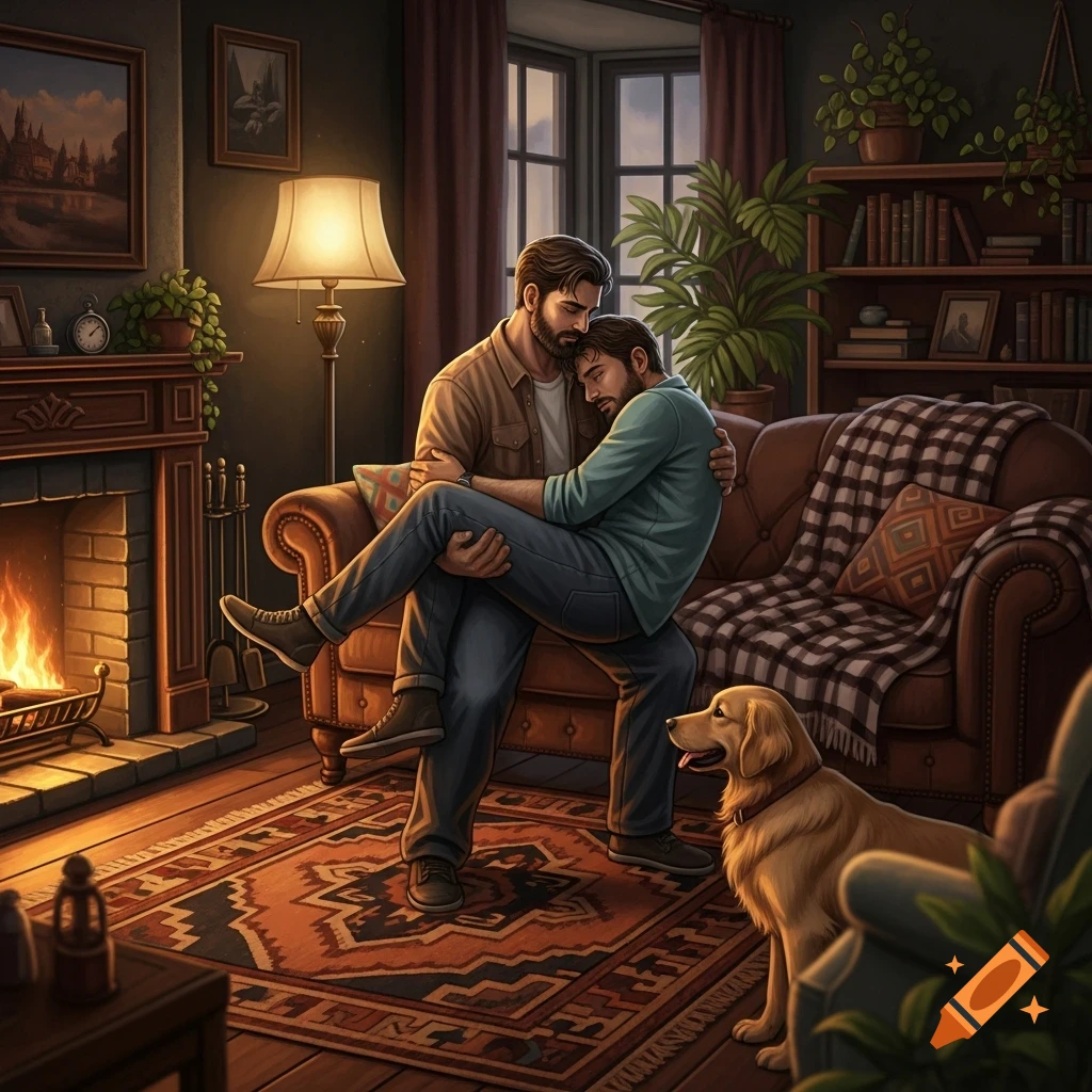 Two men embrace lovingly by a fireplace in a cozy living room, with a dog resting nearby, in an illustrative style.