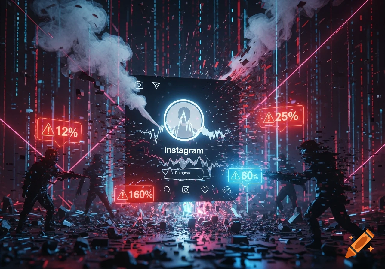 A cyberpunk scene depicting an Instagram interface under attack, surrounded by military-clad figures, neon light data streams, and digital debris, with warning signs and percentages.