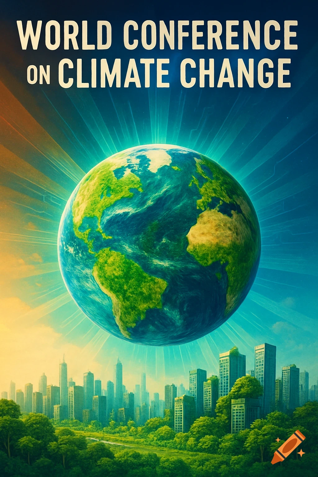 A vibrant poster for the 'World Conference on Climate Change' featuring Earth above a green city skyline with sun rays.