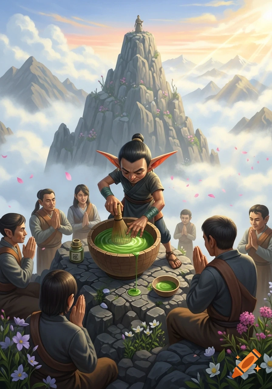 A stylized illustration of a goblin-like creature making matcha on a mountain peak, surrounded by people praying. Mountains and clouds are in the background.