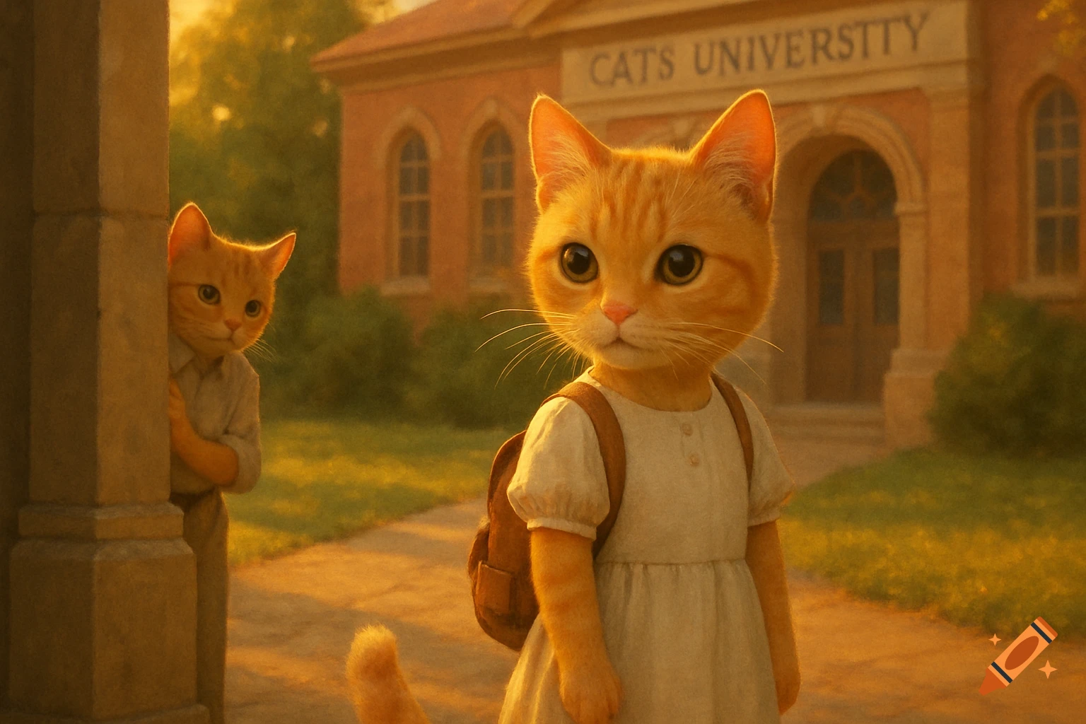 An orange tabby cat with a backpack stands on a campus walkway, with another cat peeking from a column. 'CATS UNIVERSITTY' is on the building.
