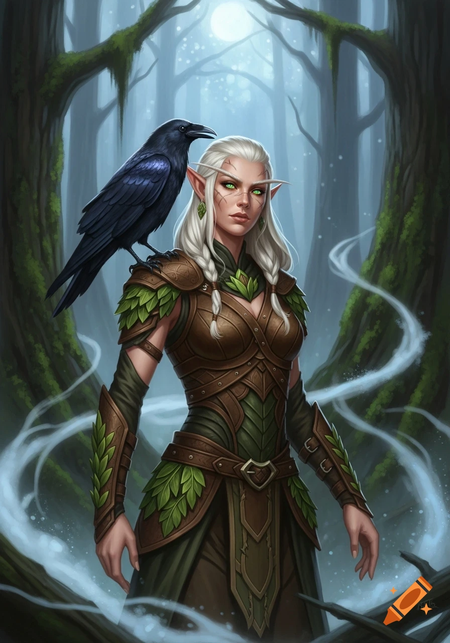 A female wood elf druid with white braided hair, green eyes, and leaf-adorned leather armor stands in a misty forest, a black raven on her shoulder.