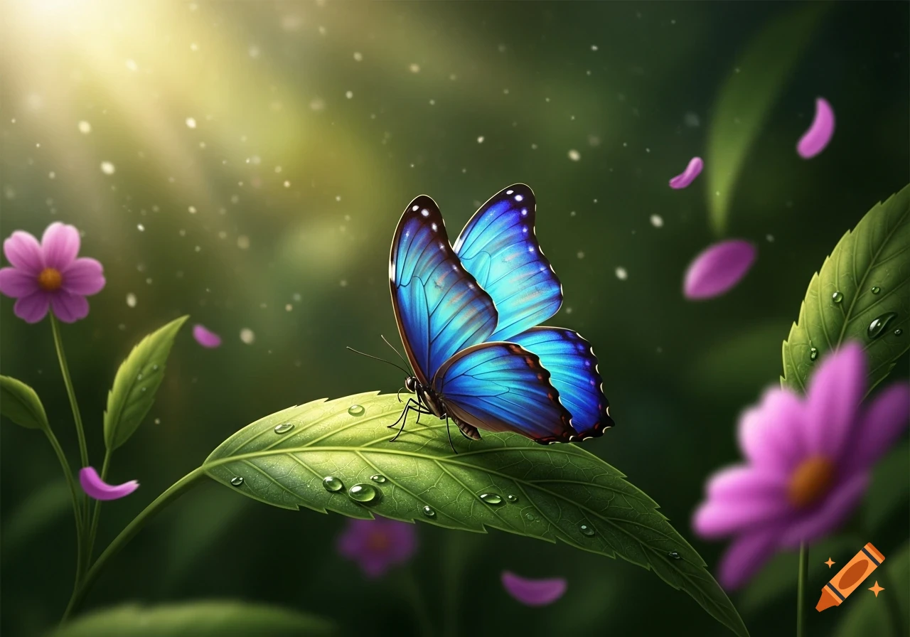 A vibrant blue butterfly with open wings rests on a dewy green leaf, surrounded by purple flowers and sunlit bokeh in a lush environment.