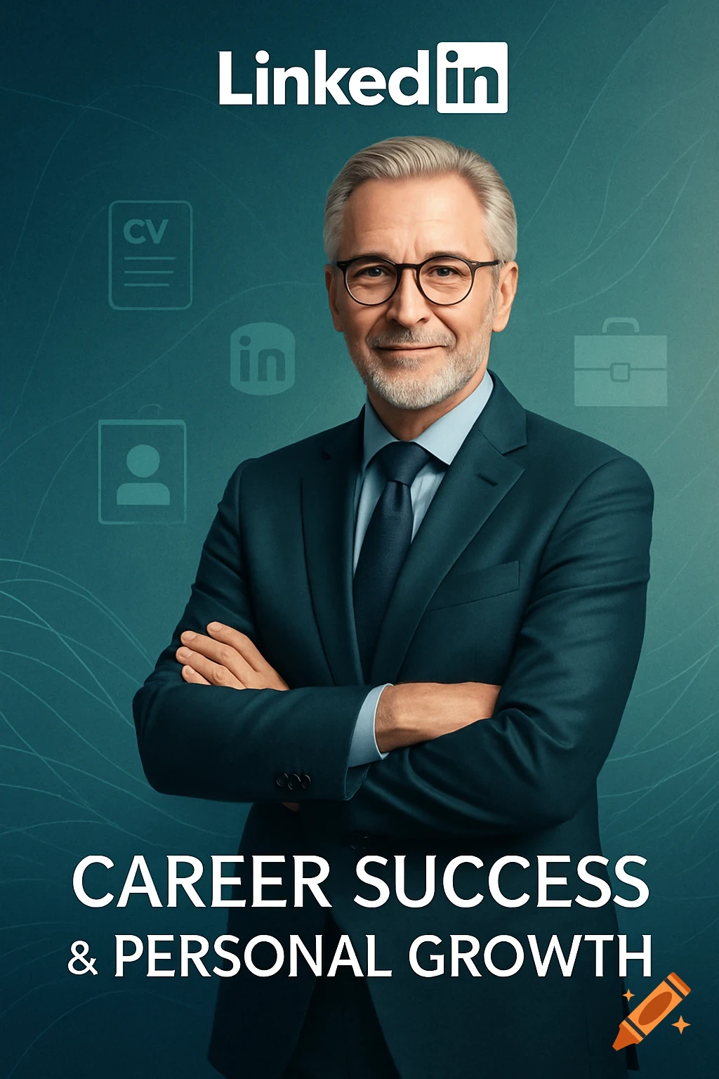 Smiling professional man in a suit, arms crossed, with LinkedIn branding and career icons, and text 'CAREER SUCCESS & PERSONAL GROWTH'.