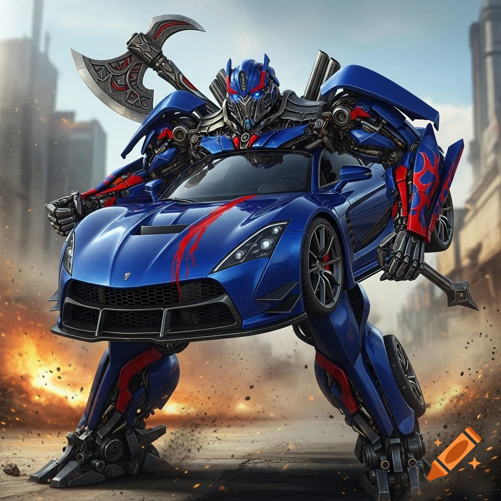 A blue and red Transformer robot, with an axe on its back, stands in a city, holding a blue hypercar as its chest, streaked with red paint.