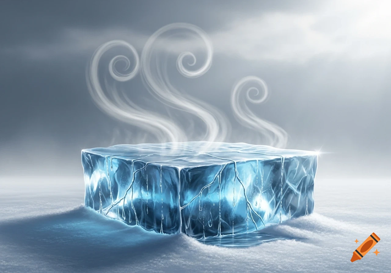 A stylized illustration of a glowing blue ice block melting, with swirling white steam rising from its surface.