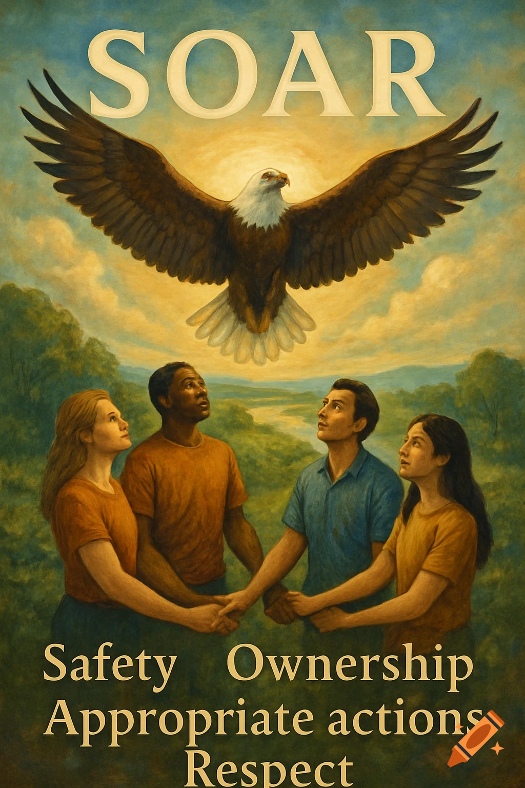 A painted illustration of an eagle flying above four people holding hands, with the words 'SOAR' and 'Safety Ownership Appropriate actions Respect'.