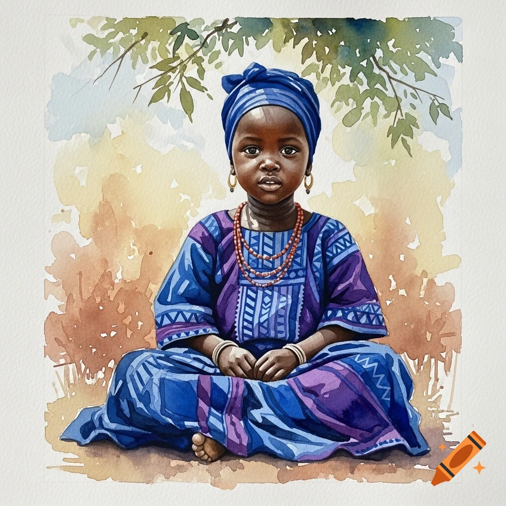 Watercolor portrait of a young African child sitting, wearing a blue headwrap and vibrant blue and purple patterned clothing.
