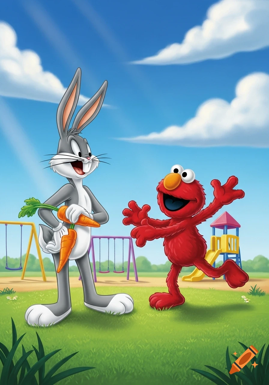 Bugs Bunny holds carrots while an excited Elmo runs towards him in a vibrant cartoon playground with swings and a slide.