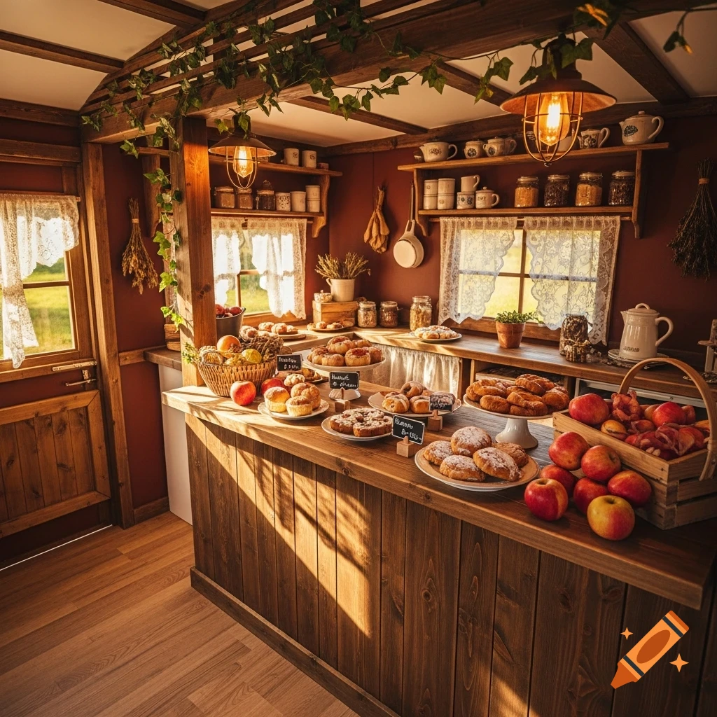 A cozy, rustic sales trailer interior with a wooden counter displaying various baked goods and fresh apples under warm, golden light.