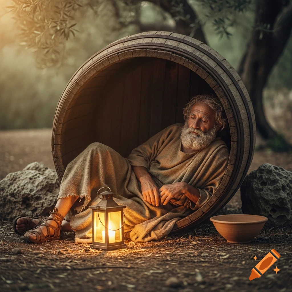 Photorealistic image of an elderly bearded man in ancient robes sleeping inside a wooden barrel, next to a lit lantern and a clay bowl on the ground.