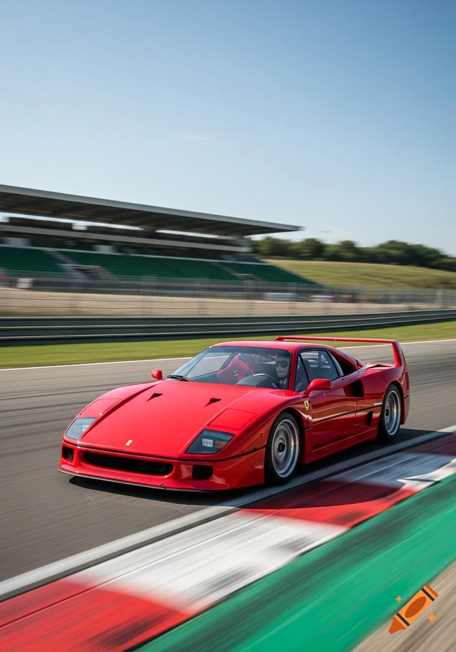 A red Ferrari F40 race car speeding on a track with motion blur under a clear blue sky.