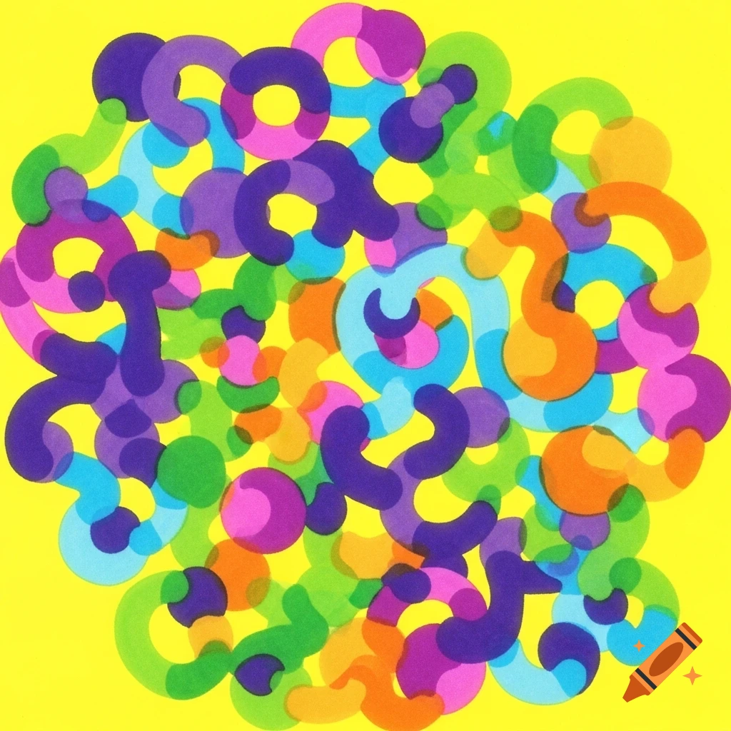 A vibrant doodle composed of overlapping rounded shapes in purple, pink, blue, green, and orange on a bright yellow background.