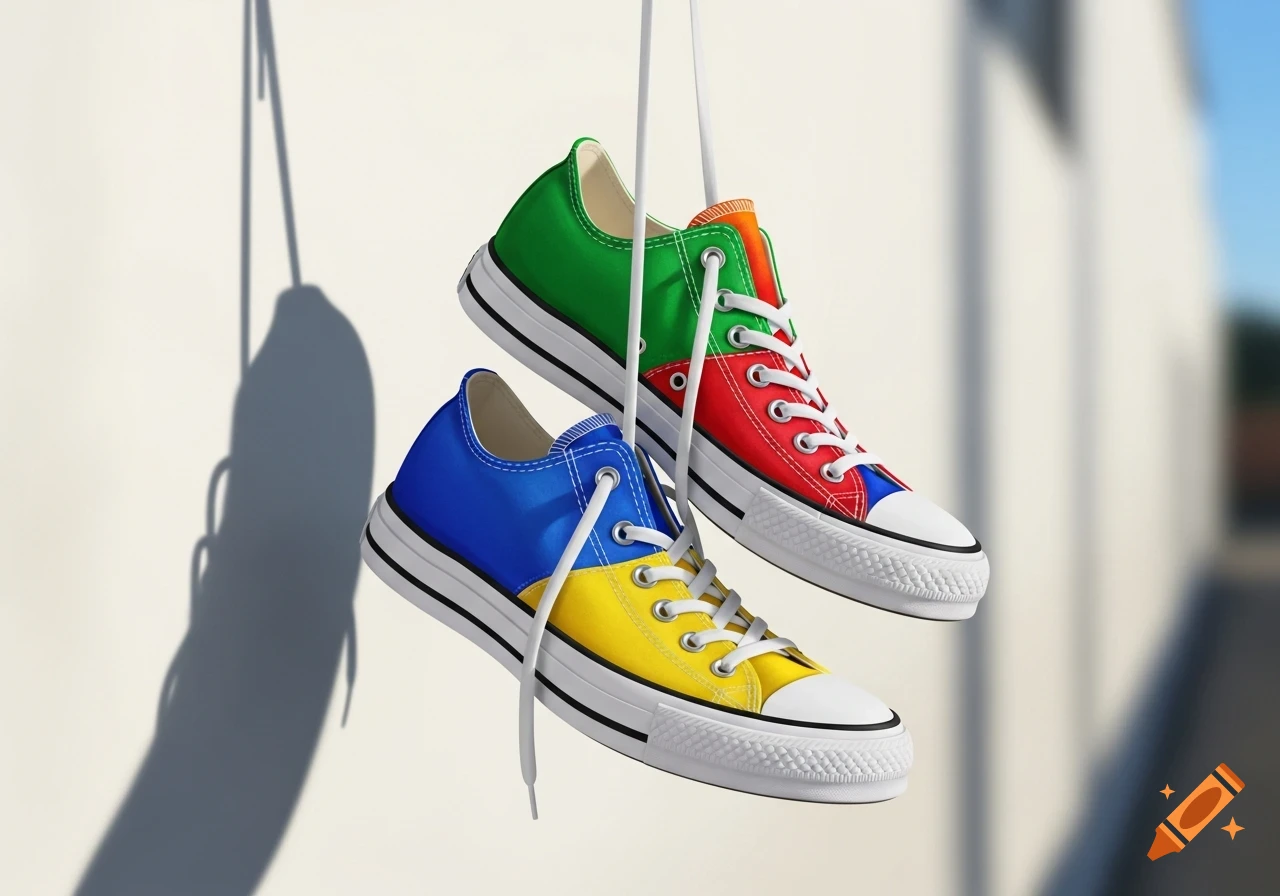 Two colorful sneakers, one blue and yellow, the other green, red, and orange, hang by their laces against a white wall and blue sky.