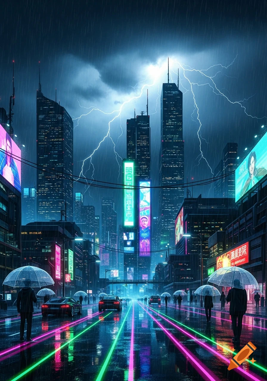 A vibrant, rain-slicked cyberpunk city street at night, illuminated by neon lights and lightning strikes, with people under umbrellas and futuristic cars.