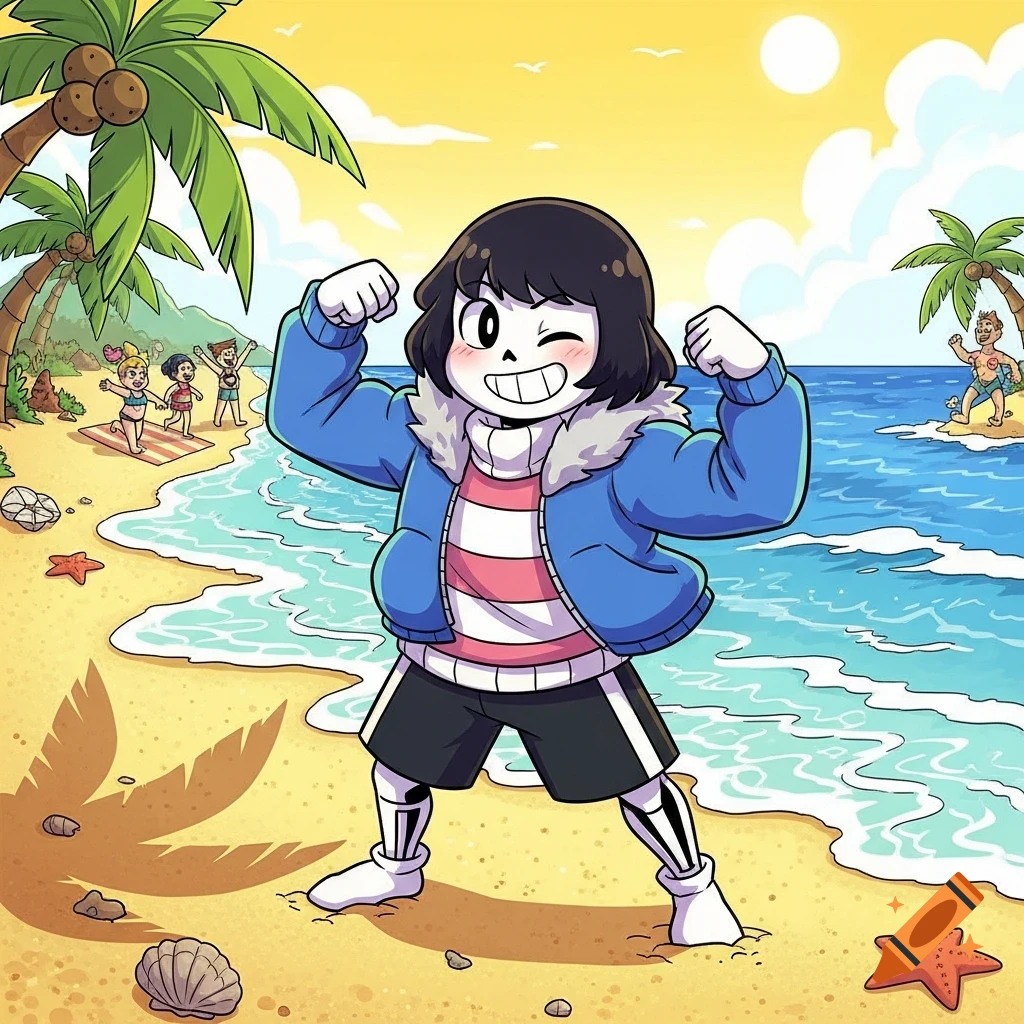 Cartoon of Undertale's Chara flexing at a sunny beach with other characters and palm trees.