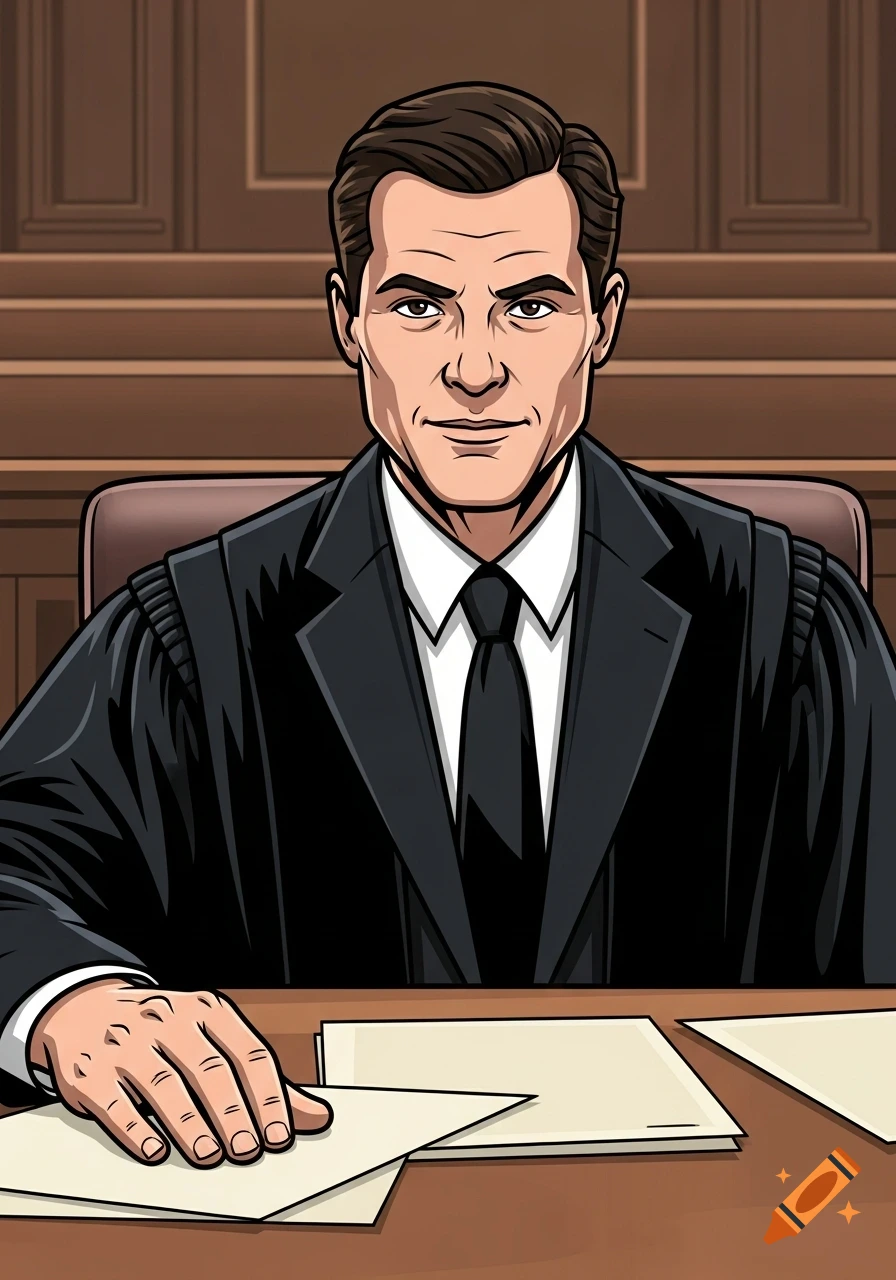 Cartoon-style portrait of a male judge in a black robe and tie, sitting at a courtroom desk with papers.