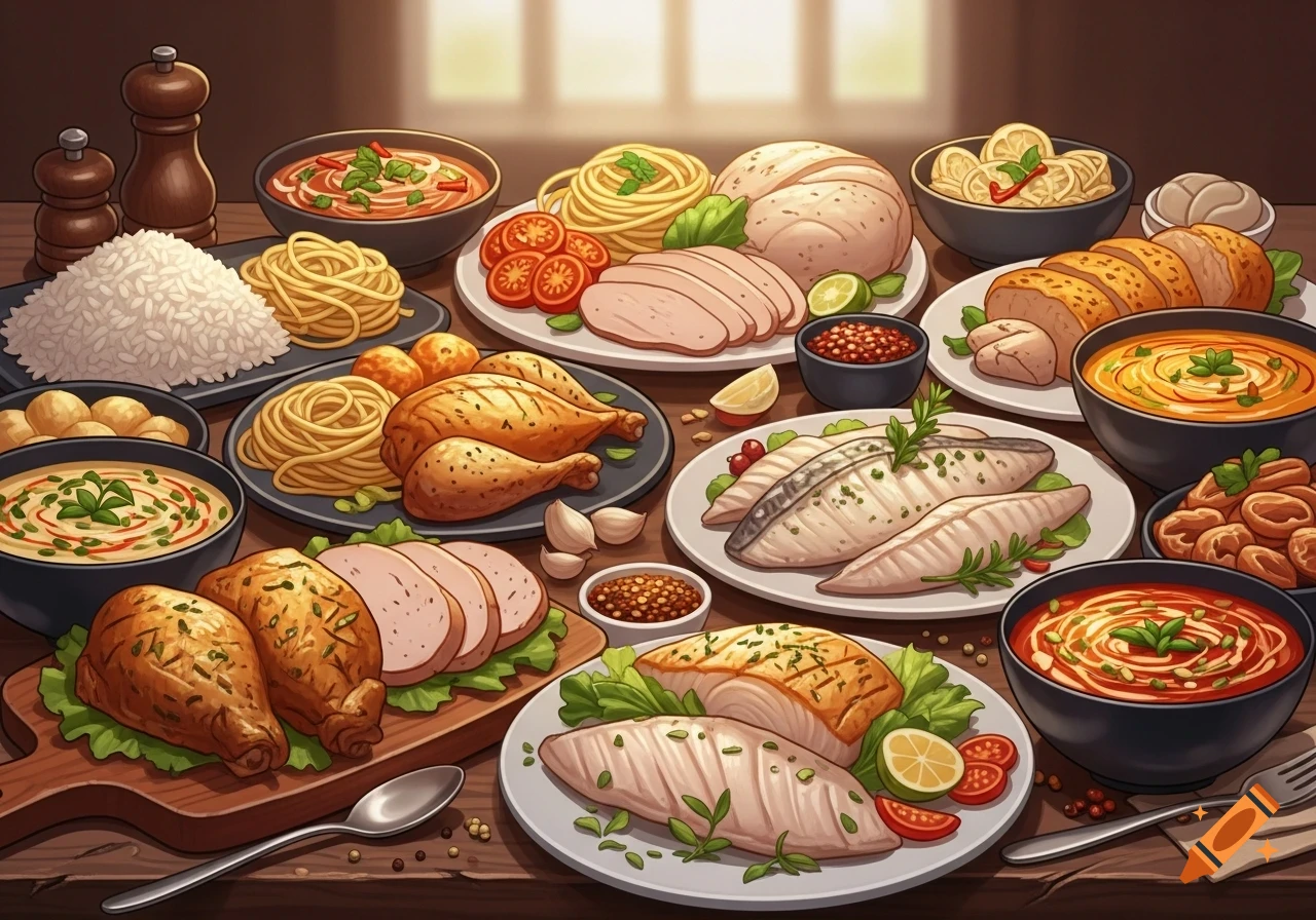An illustrative feast with rice, pasta, roasted chicken, sliced meats, fish, soups, and garnishes on a wooden table.