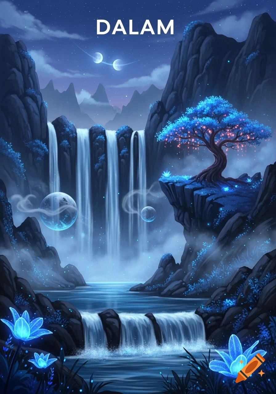 A fantasy illustration of a magical waterfall landscape at night, with a glowing blue tree on a cliff, glowing flowers, and two moons. The word 'DALAM' is at the top.