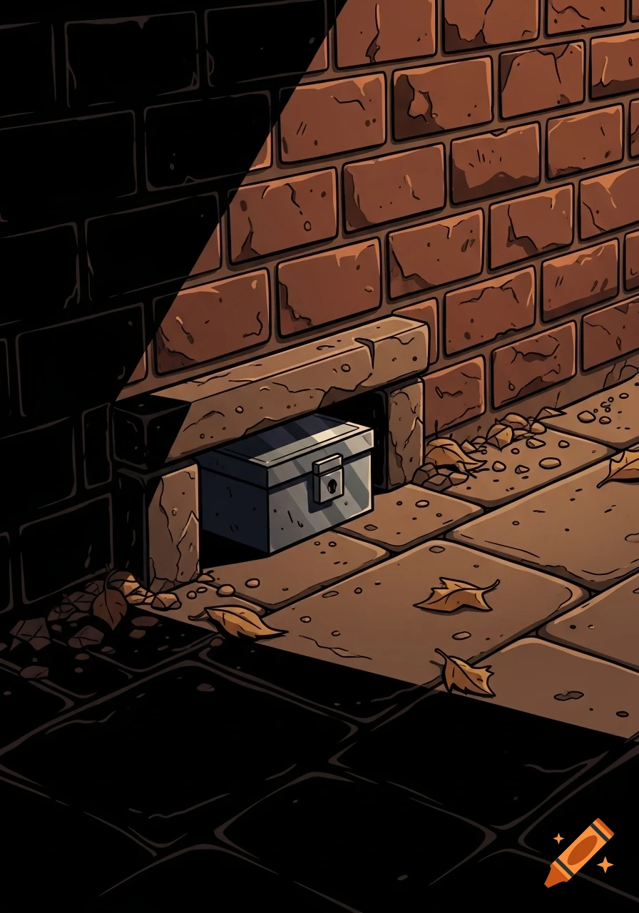 A stylized illustration of a small metal lockbox hidden under a loose brick in a dimly lit alley, with scattered leaves.
