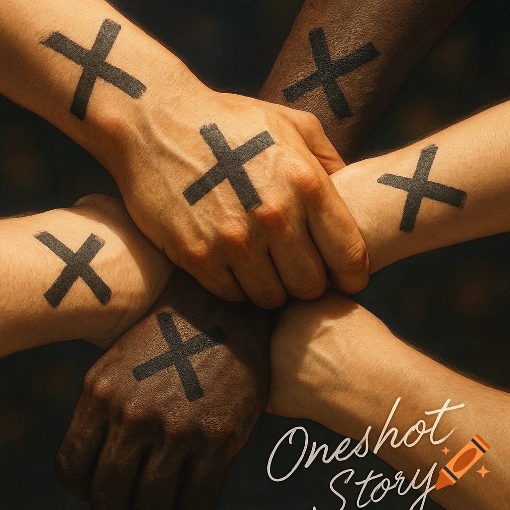 Close-up, photorealistic image of diverse hands and wrists intertwined, each bearing a black 'X' mark, symbolizing unity. The text "Oneshot Story" is in stylish white script.