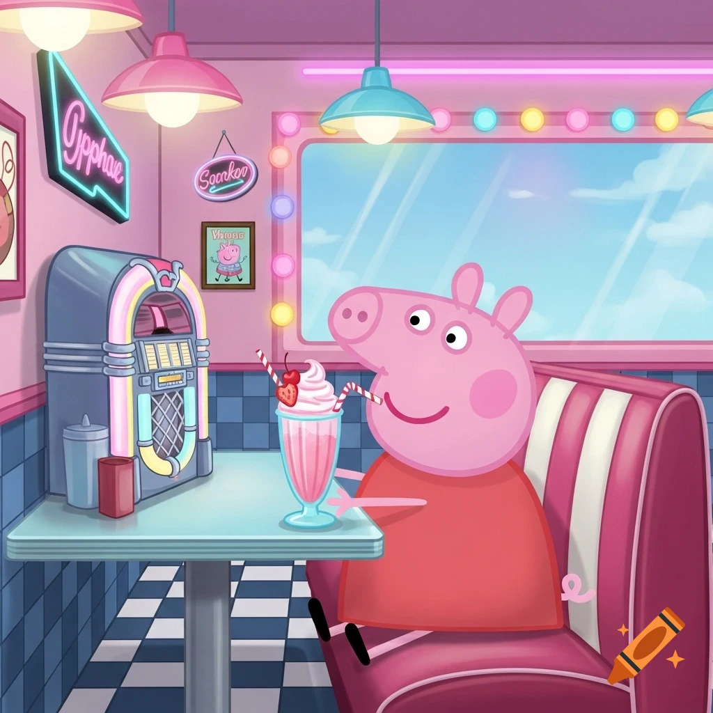 Peppa Pig sits in a pink retro diner booth, drinking a strawberry milkshake through a striped straw, with a jukebox nearby in a cartoon style.