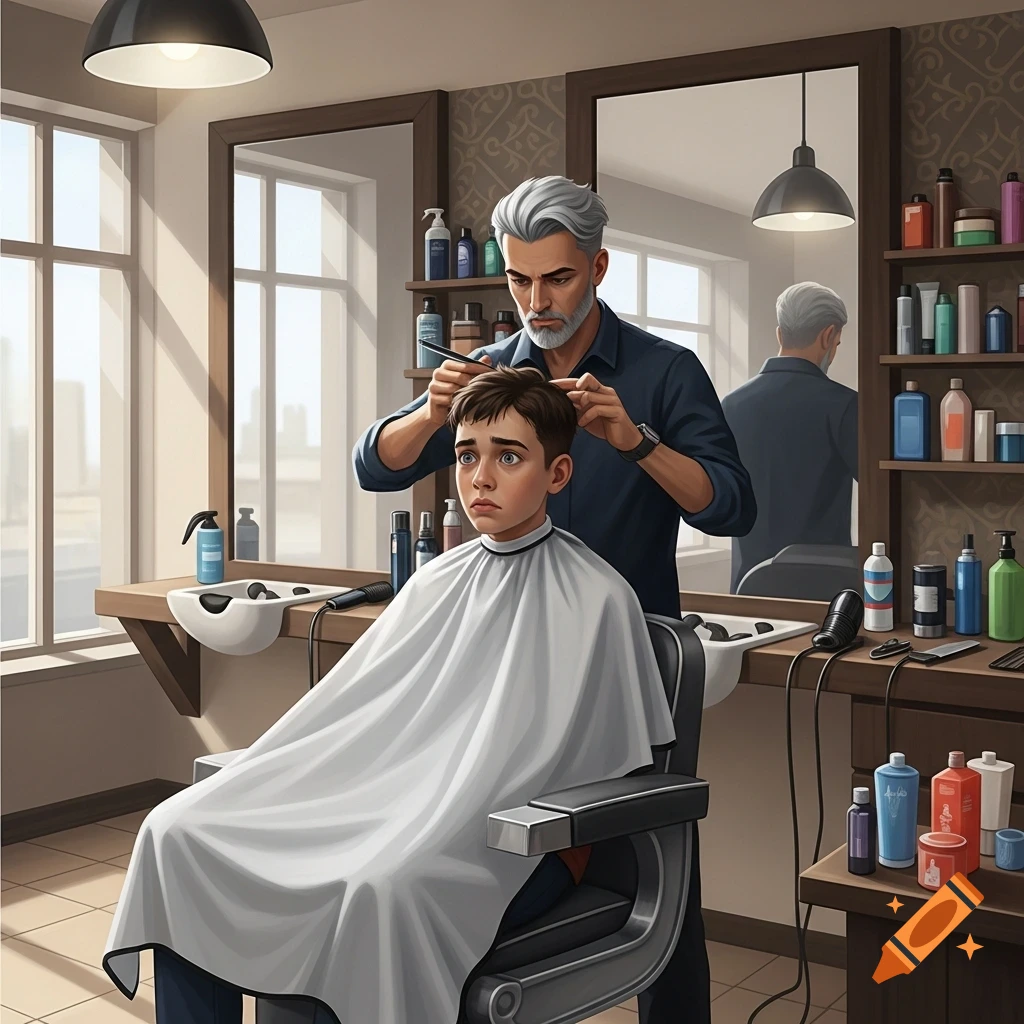 Anxious young boy in a white cape getting a haircut from a gray-haired barber in a brightly lit barbershop.