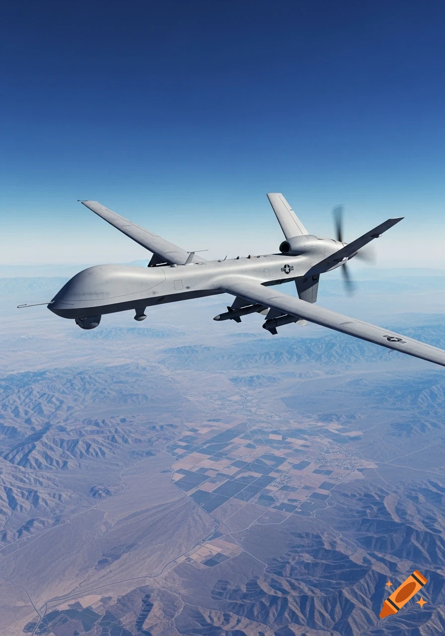 A photorealistic MQ-9 Reaper drone flies high above a desert landscape with mountains and patterned farmlands under a clear blue sky.