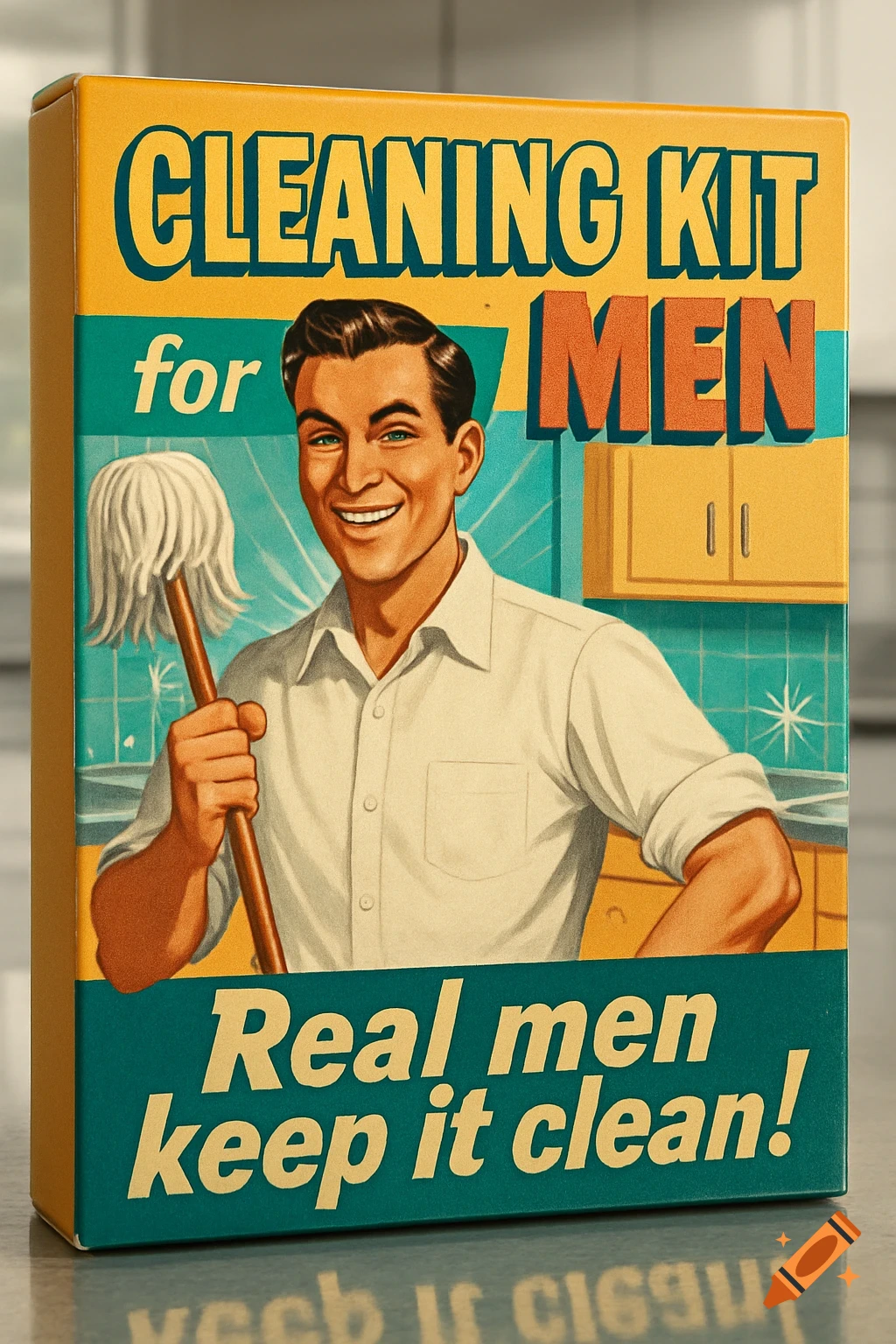 A retro 1950s cleaning kit box for men, illustrated with a smiling man holding a mop and the slogan 'Real men keep it clean!'