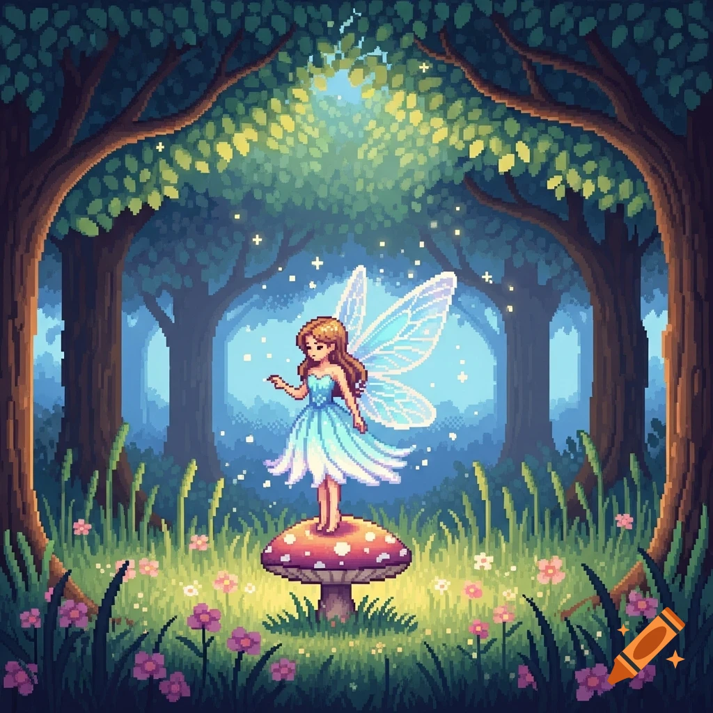 Pixel art of a fairy with light blue wings and dress standing on a red mushroom in a magical forest with glowing particles.