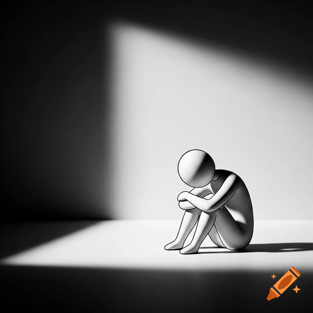 A minimalist figure sits huddled on the floor in a dimly lit, black and white room with a stark shadow, appearing stressed.