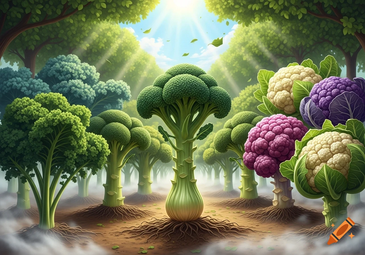 A vibrant fantasy forest with towering broccoli and colorful cauliflower plants growing from the earth, under a bright sunlit sky.