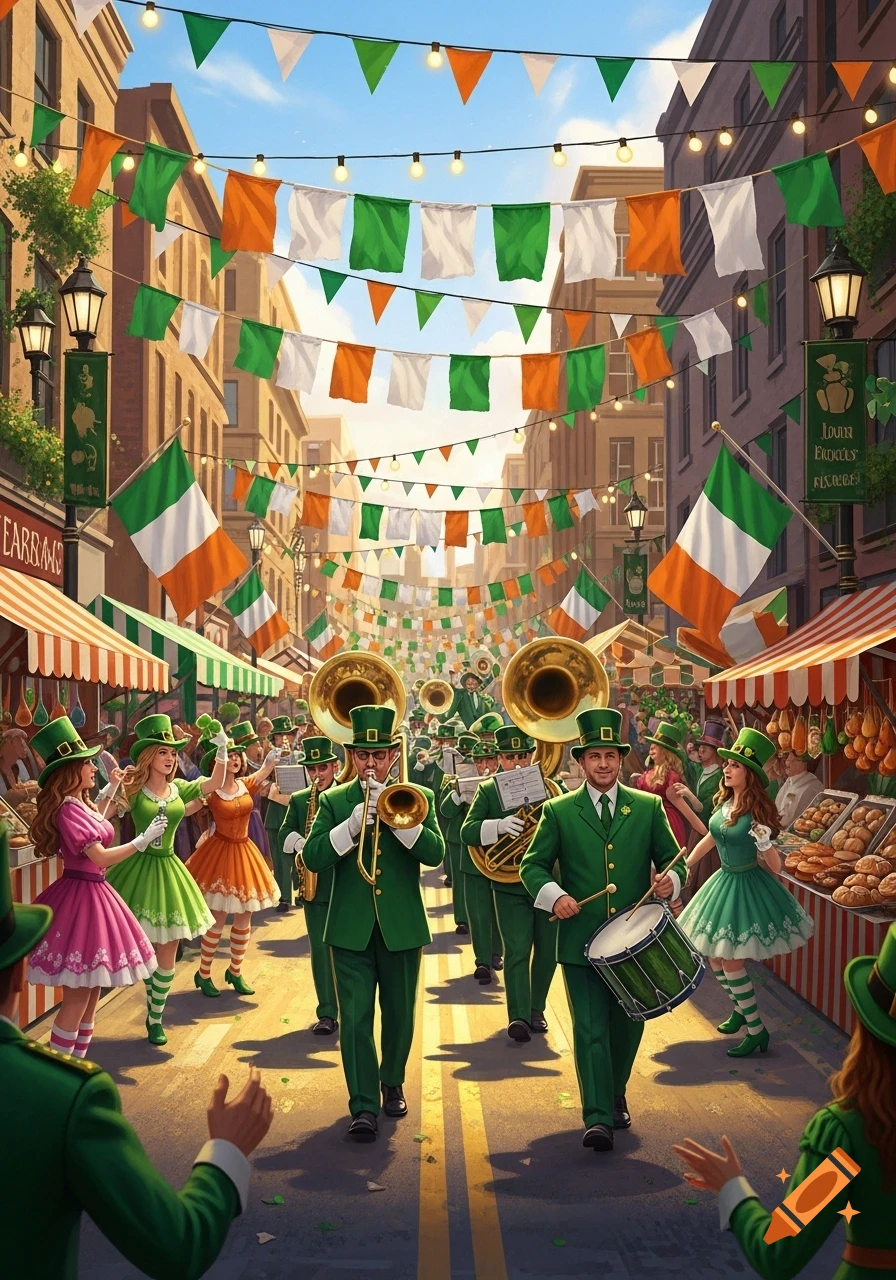 A vibrant St. Patrick's Day parade with a marching band in green uniforms playing instruments and people celebrating in a street decorated with Irish flags.