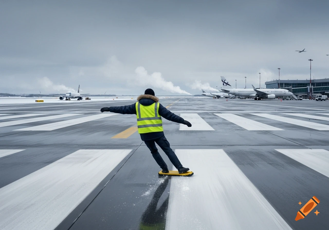 A runway worker in a yellow vest slides on a small board across an icy airport runway with airplanes in the background under a cloudy sky.