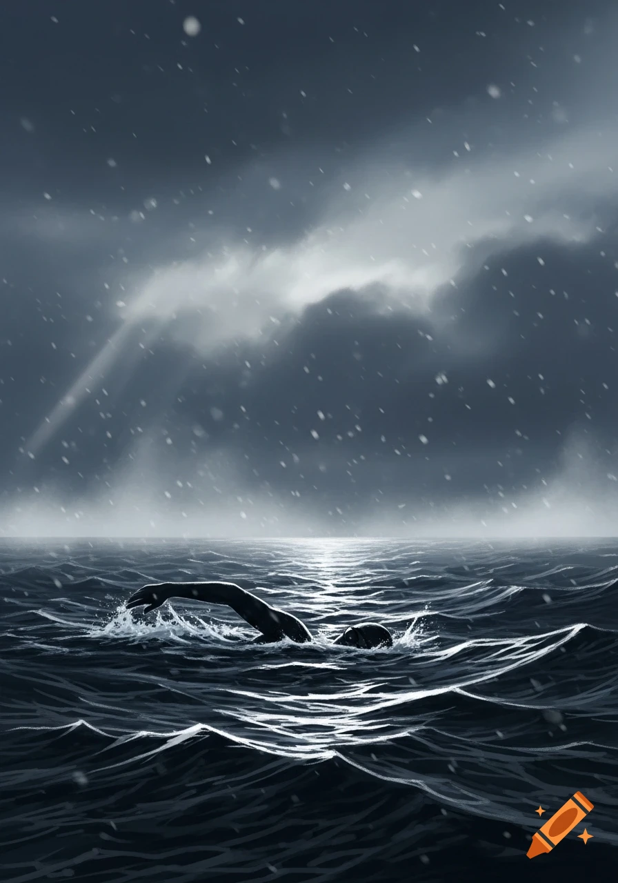 A person swimming in a rough, dark ocean under a stormy, snowy winter sky with a faint light source.