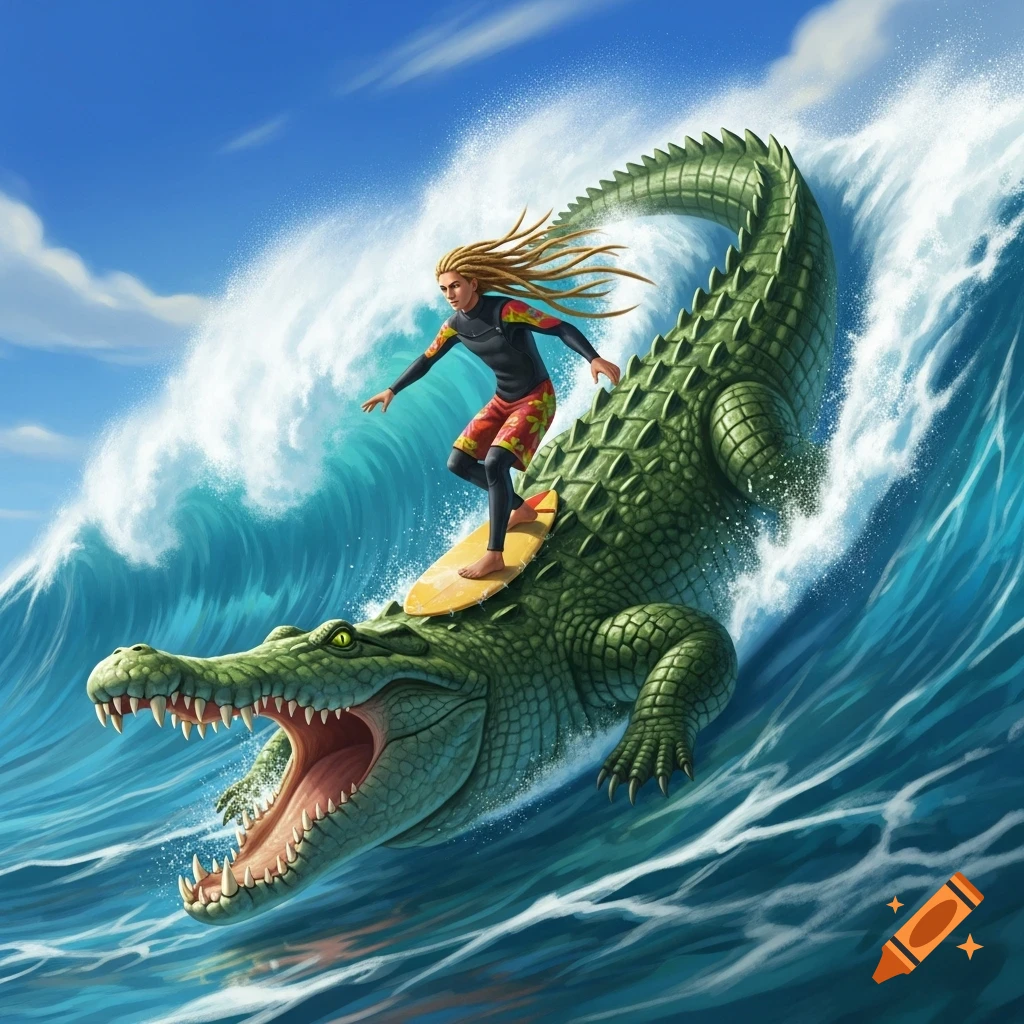 Person with blond dreadlocks surfing on a large green crocodile riding a big ocean wave, cartoon style.