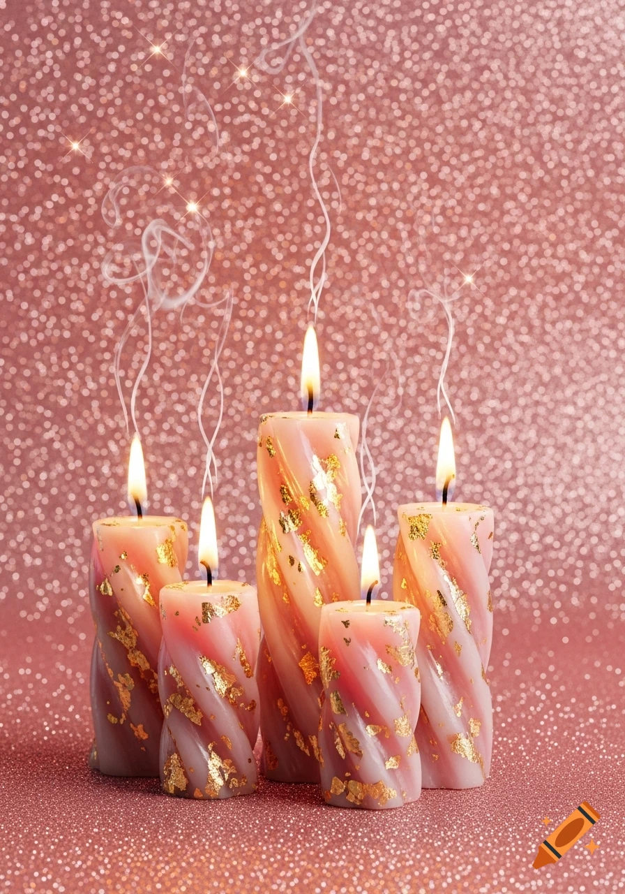 Five lit twisted pink and white candles with gold accents on a glittery pink background.