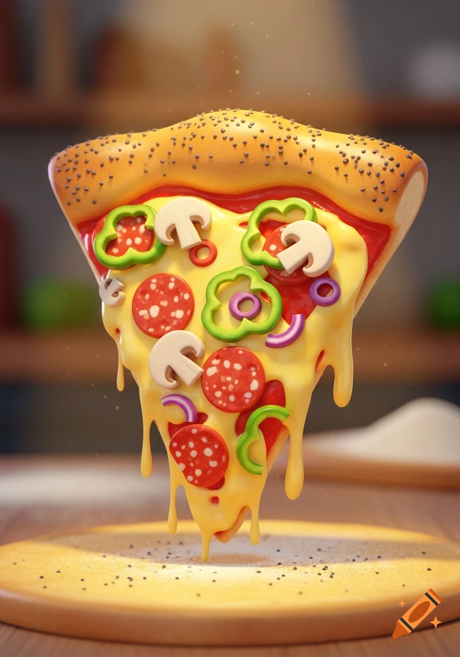 A vibrant 3D cartoon pizza slice with melted cheese, pepperoni, mushrooms, and bell peppers, floating above a wooden board.